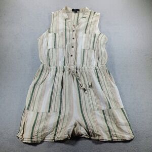 Kelly Renee Womens Striped Linen Blend Romper Cream Green M Drawstring Waist
